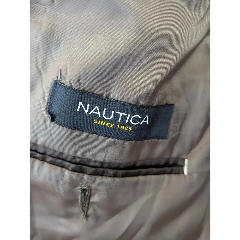 Nautica Mens 44R Blazer Beige Brown Sports Coat Elbow Patches 100% Wool Academia